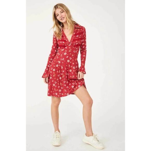 Free People GOOD DAYS Floral Long Sleeve Mini Dress in Red Pop Combo XS NWT $128 - Picture 4 of 9